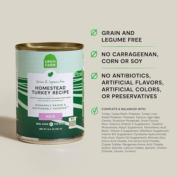 Open Farm Canned Dog Food, Pate for Complete & Balanced Nutrition, Grain Free and Legume-Free, Homestead Turkey Recipe, 12.5oz Cans (Pack of 12)