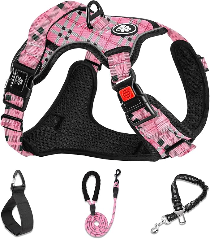 NESTROAD No Pull Dog Harness with Leash, Reflective No Choke Pet Vest Harness,Adjustable Soft Padded Dog Harness with Easy Control Handle for Small Dogs(Checkered Pink,Small)