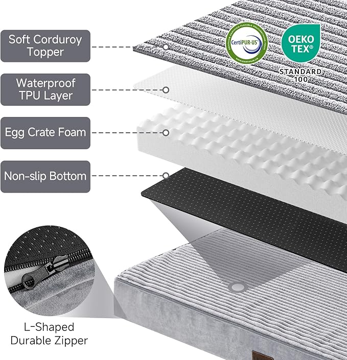 OhGeni Orthopedic Waterproof & Machine Washable Dog Bed for Small Pets, Suitable for Crates, Cat Mat with 25D Egg Crate Foam, Non-Slip Bottom & Removable Cover, 24 Inches(Gray)