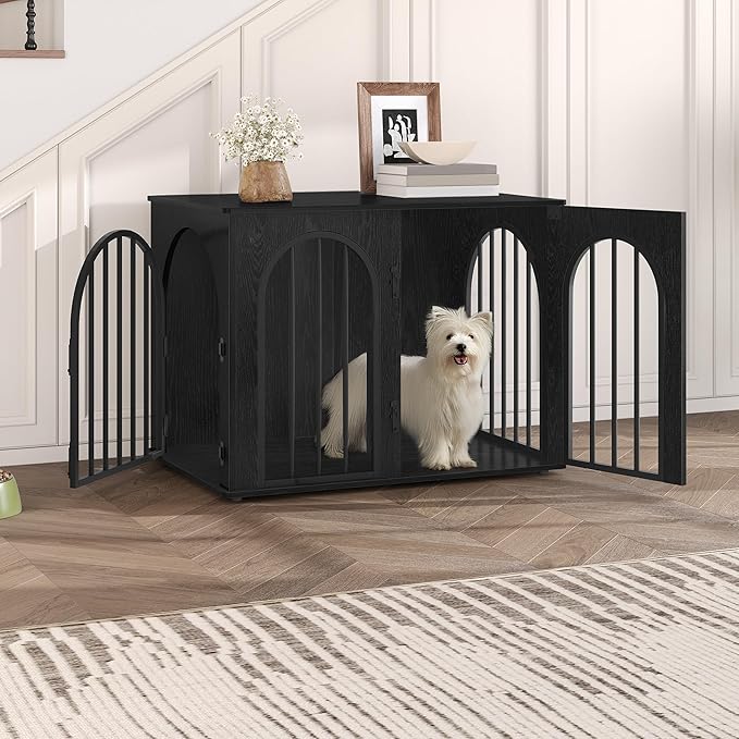 31.5'' Wooden Dog Crate Furniture, Indoor Dog Kennel Dogs Cage for Small/Medium Dogs, Heavy Duty Dog Crates Decorative Pet House End Side Table TV Stand, Black DFC85104B