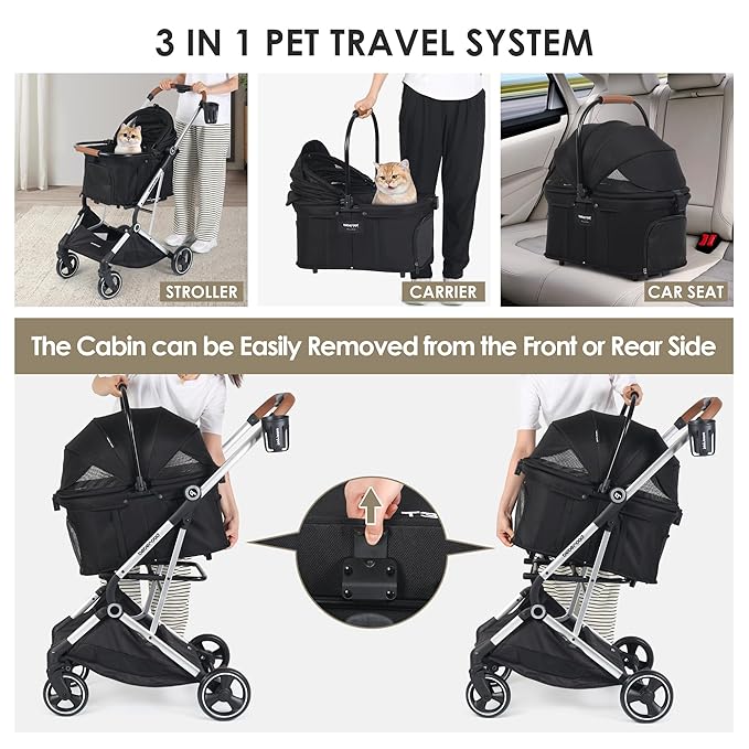 T3 Pro 3-in-1 Small Pet Stroller for Dog & Cats, 4 Wheels with Detachable Carrier with Pad, Canopy and Cup Holder (Black)