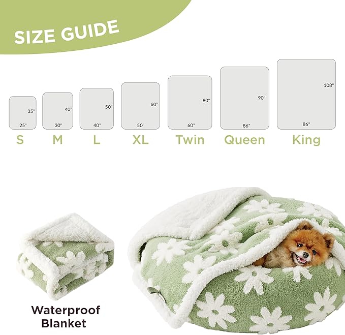 Lesure Waterproof Dog Blanket for Large Dogs - Washable Double Sided Dog Blankets with Warm Jacquard Shag and Soft Sherpa Fleece, Pet Cat Blanket for King Bed Protection, 3D Textured Flower, Green
