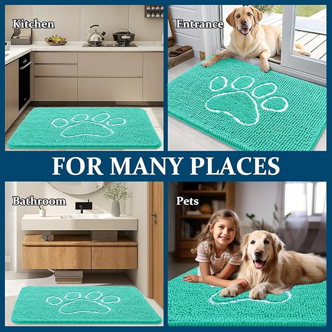 OLANLY Dog Door Mat for Muddy Paws 30x20, Paw Print Design, Absorbs Moisture and Dirt, Absorbent Non-Slip Washable Doormat, Quick Dry Chenille Mud Mat for Dogs, Entry Indoor Entryway Carpet, Teal