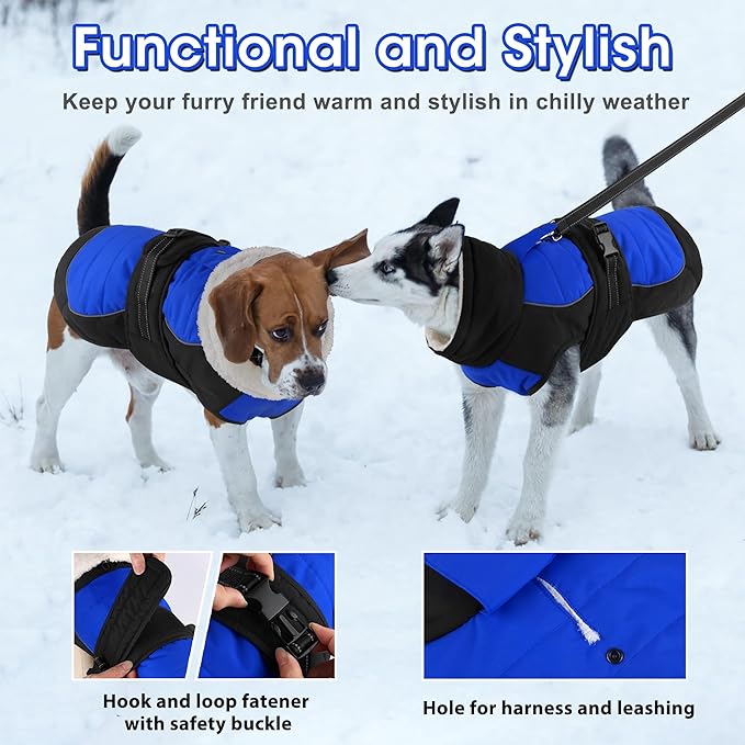 Dogcheer Waterproof Dog Coat, Christmas Dog Winter Jacket, Adjustable Puppy Fleece Coat for Cold Weather, Reflective Turtleneck Snow Jacket for Small Medium Large Dogs - Blue, XL