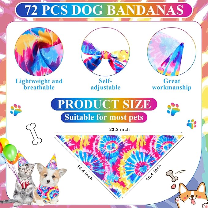 Sanwuta 72 Pcs Dog Bandana Bulk Washable Puppy Triangle Scarfs Cat Bandanas Adjustable Soft Cute Pet Triangle Bibs Accessories for Small Medium Dogs Cats Pets Costume(Tie-dye Pattern)