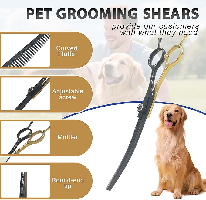 7" Curved Thinner Dog Scissor, Curved Fluffer Scissors, 43 Teeth, 50% Thinning Rate, Professional Pet Shear for Groomer, Ergonomic Dog Grooming Scissor, Dogs Shear for Grooming to remove bulk quickly
