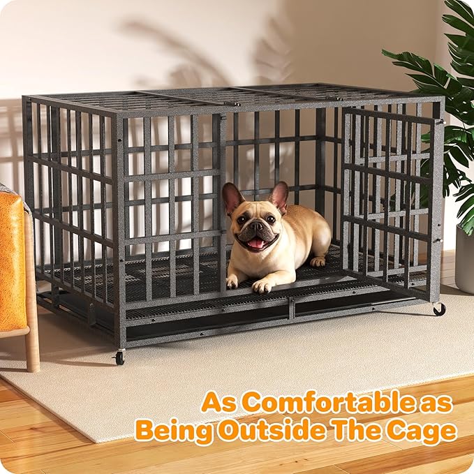 Heavy Duty Indestructible Dog Crate 38 Inch with Removable Tray, Sizes & Colors Optional, Escape Proof Double Door High Anxiety Cage Indoor, Kennel with Wheels for Large Dogs, XL XXL XXL