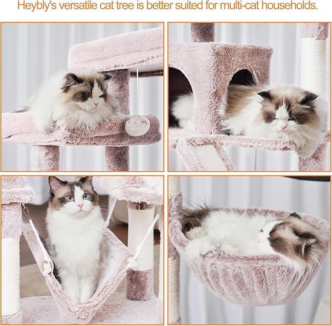 Heybly Cat Tree, 71-Inch-Tall Tower for Indoor Cats with 2 Perches, 2 Big Condos, 2 Hammocks, Basket, Scratching Pad, Large Cat Furniture and Condo, Mushroom HCT034MU