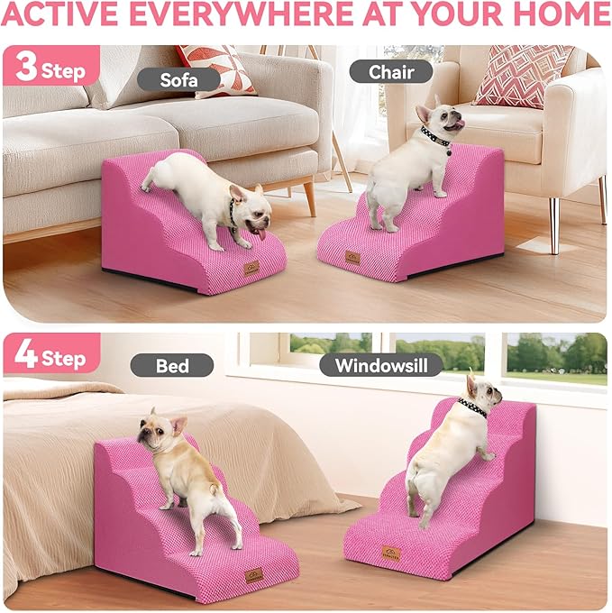 Dog Ramp and Stair for Bed 16" H-20 H,3-Step Cat Stair for Sofa and Chair,4-Step Dog Ramp for High Bed and Window,Durable Nonslip Fabric Cover for Indoor (Pink-20 H, Pet Friendly, 4)