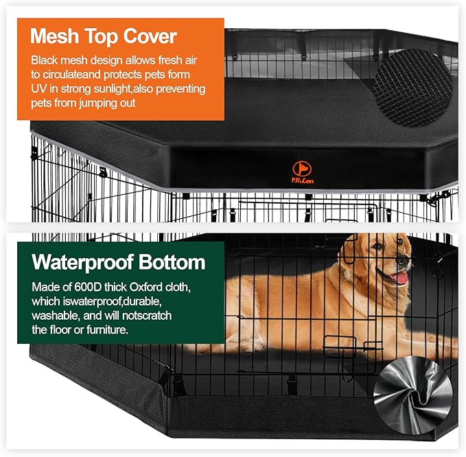 PJYuCien Dog Playpen - Metal Foldable Dog Exercise Pen, Pet Fence Puppy Crate Kennel Indoor Outdoor with 8 Panels 30”H & Top Cover and Bottom Pad for Small Medium Pets