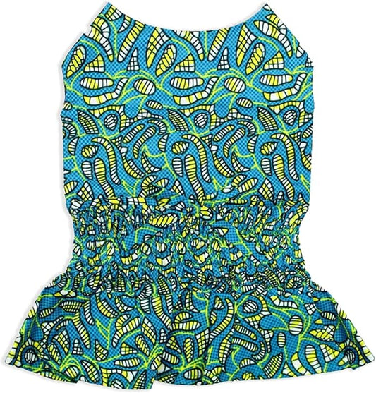 Parisian Pet Tribal Leaves Summer Dress - Ruched Waist Dog Beach Outfit - Lightweight Puppy Dress - Girl XL