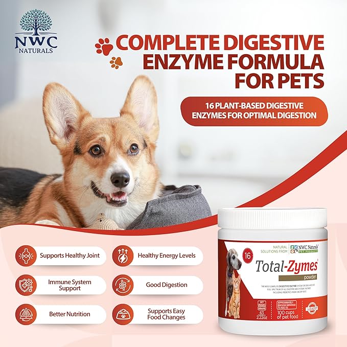 NWC Naturals Total-Zymes Digestive Enzymes for Cats and Dogs, Unflavored, Gut Health with Prebiotic to Support Food Digestion & Absorption, 100 Servings - 2.2 Ounces