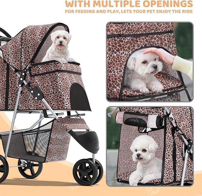 Magshion 3-Wheel Pet Stroller, Foldable Travel Jogger for Small & Medium Dogs & Cats (Up to 33lbs), Lightweight Carrier with Breathable Mesh Cover, Cup Holder & Storage Basket, Leopard Print