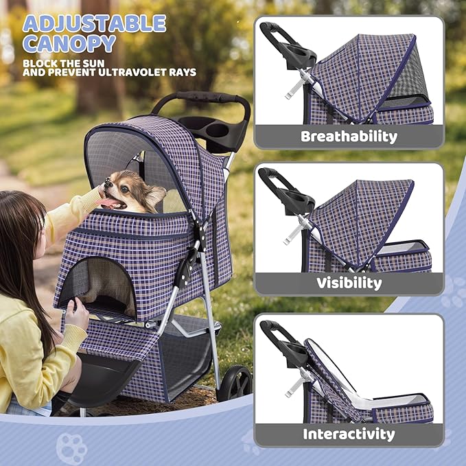 Magshion 3-Wheel Pet Stroller, Foldable Travel Jogger for Small & Medium Dogs & Cats (Up to 33lbs), Lightweight Carrier with Breathable Mesh Cover, Cup Holder & Storage Basket, Plaid