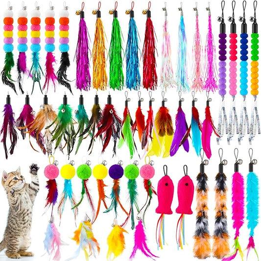 50 Pcs Cat Feather Toys Refill Cat Wand Replacement Feathers with Bells Interactive Pet Wand Attachment Toys