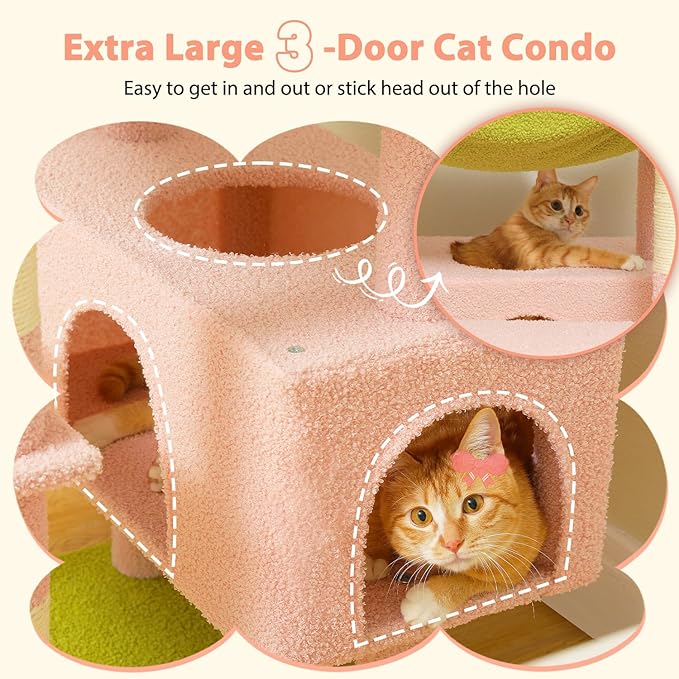 PAWZ Road Flower Cat Tree, 72 Inches Large Cat Tower with Steel Frame Hammock and 7 Scratching Posts, Tall Cat Tree with 2 Condos and Perches for Large Indoor Cats - Pink