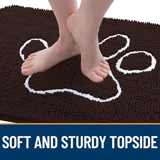 OLANLY Dog Door Mat for Muddy Paws 30x20, Paw Print Design, Absorbs Moisture and Dirt, Absorbent Non-Slip Washable Doormat, Quick Dry Chenille Mud Mat for Dogs, Entry Indoor Entryway Carpet, Brown