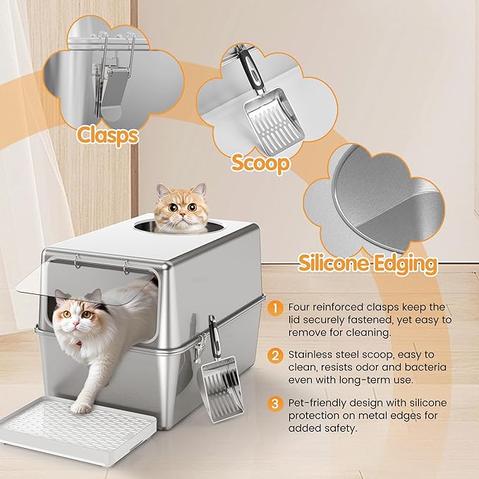 Stainless Steel Litter Box with Lid, Enclosed Metal with High Sides, Large Cat Litter Box, Dog-Proof, Odor Control, Easy to Clean,Durable with Round Edge (Frontal Opening)