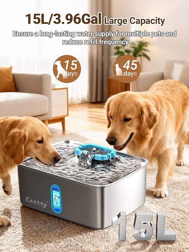 Kastty 15L/3.96 Gal Large Capacity Dog Water Bowl Dispenser,Stainless Steel Dog Water Fountain Quiet LED Light Triple Filtration Dog Water Bowl, Automatic Pet Water Fountain Easy Cleaning Blue FS78