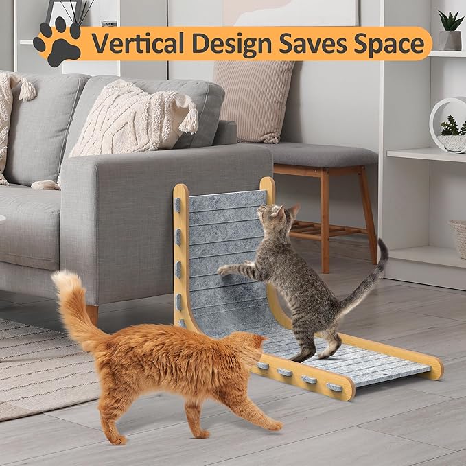 Felt Cat Scratcher for Indoor Cats, 26.8 Inches L Shape Scratching Board Vertical Cat Scratch Post with Fluffy Ball Hanging, Scratch Resistant Felt Cat Scratching Pad, Grey