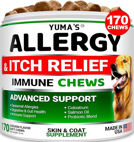 Dog Allergy Relief Chews - Dog Itching Skin Relief Treatment Pills - 170 Treats - Anti-Itch Chewables - Itchy and Paw Licking - Hot Spots - Omega 3 Fish Oil - Dry Skin & Coat Supplement