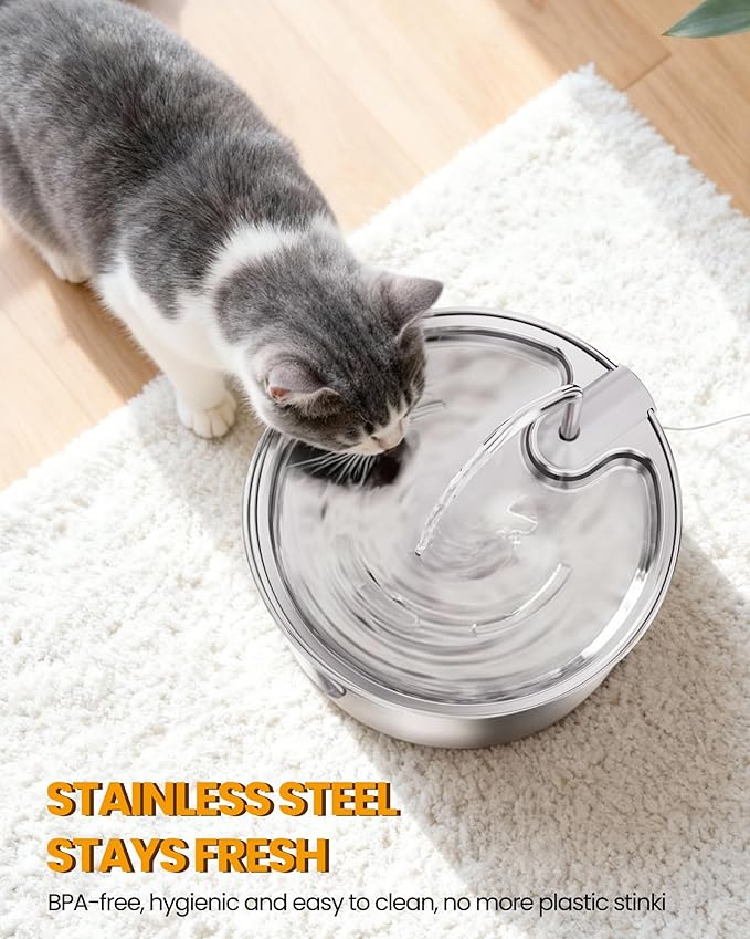 Cat Water Fountain Stainless Steel - 108oz/3.2L Automatic Cat Water Fountain for Drinking with 3 Pcs Filters, Metal Pet Water Fountain Water Dispenser for Cats, Puppy Dogs, Multiple Pets