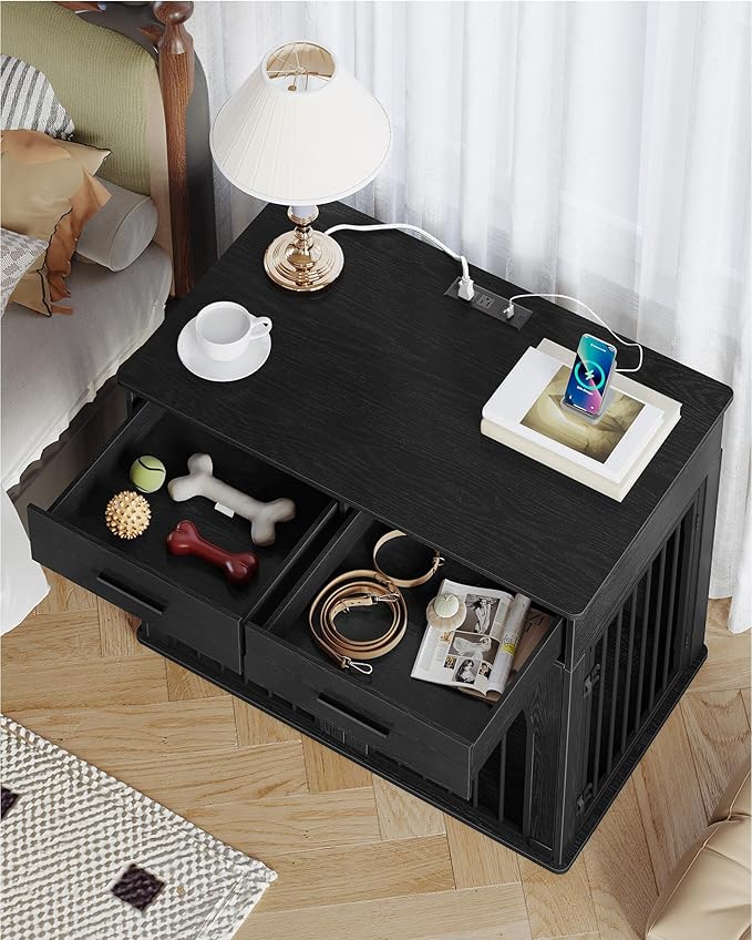 39.4'' Large Dog Crate Furniture with 2 Storage Drawers, Heavy Duty Dog Kennel Indoor with Charging Station, Wooden Dog Cage End Table Kennel for Medium/Large Dogs, Black DFC84204B