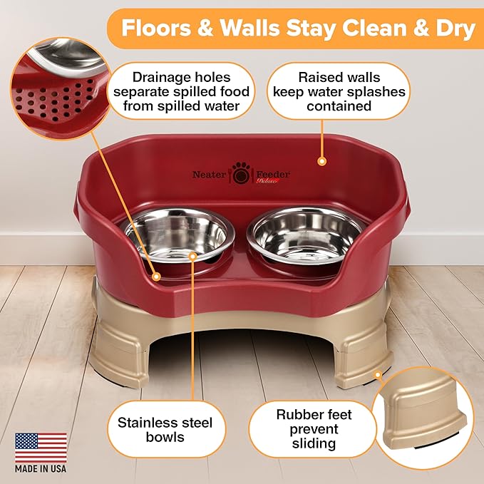 Neater Feeder Deluxe Mess Proof Dog Bowls Elevated for Small Breeds – Made in USA – No Spill Raised Dog Food Bowl Stand w/Leg Extensions – Stainless Steel Dog Food and Water Bowl Set – Red