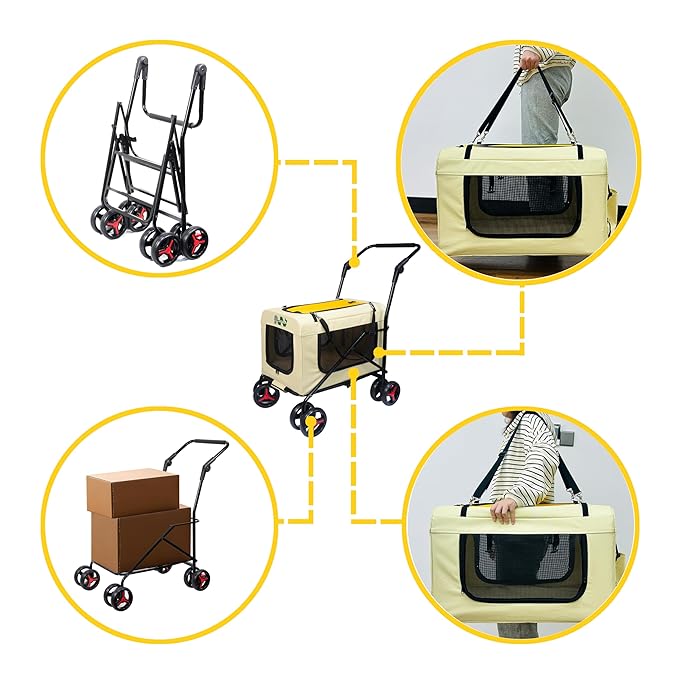 Pet Carrier with 4 Wheels, Detachble,Clean and Replace Pet Basket, Portable and Foldable Pet Travel Stroller for Small/Medium Dogs and Cats up to 66lbs, 4 in 1 Multifunctional (Beige+Yellow)