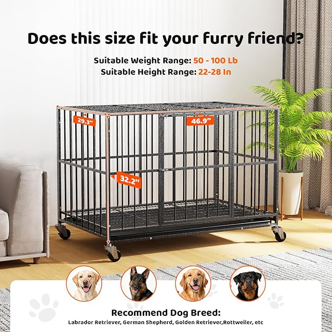 Heavy Duty Indestructible Dog Crate 48 Inch with Removable Tray, Sizes & Colors Optional, Escape Proof Double Door High Anxiety Cage Indoor, Kennel with Wheels for Large Dogs, XL XXL XXL