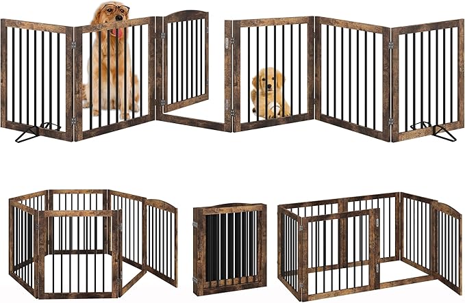 Vantas Folding Pet Gate 144" Wide, 30" Tall No-Assembly Wooden Dog Gate with Door Walk Through, Freestanding Pet Gate, Puppy Safety Fence, with 2PCS Support - Rustic Brown