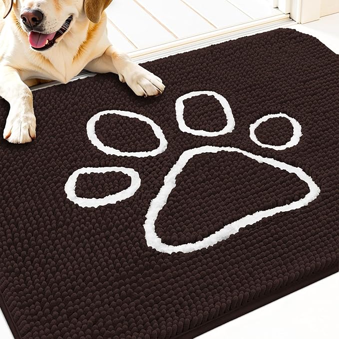 OLANLY Dog Door Mat for Muddy Paws 30x20, Paw Print Design, Absorbs Moisture and Dirt, Absorbent Non-Slip Washable Doormat, Quick Dry Chenille Mud Mat for Dogs, Entry Indoor Entryway Carpet, Brown
