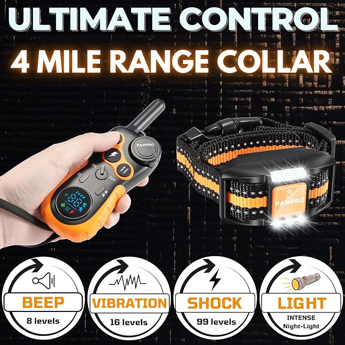 Dog Shock Collar with Remote, Unmatched 4-Mile Range, Night-Light Mode, Training Guide Included, 124 Training Levels & 4 Modes, Beep Vibration Shock, Waterproof Rechargeable, Fits All Dogs (1 Collar)