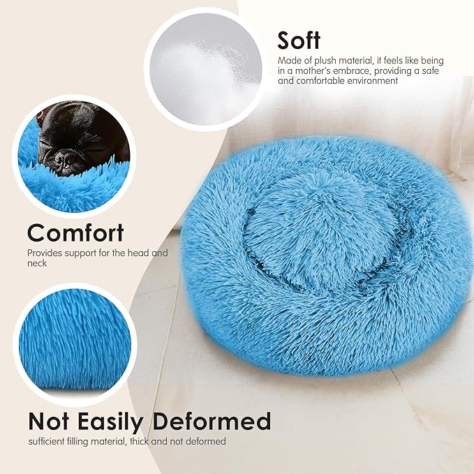 28in Large Dog Bed, Medium Size Dog and Cats, Calming Donut Bed for Puppy and Kitten, Washable Round Fluffy Pet Bed (Light Blue)