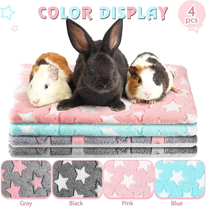 Haull 4 Pcs Waterproof Guinea Pig Bedding Winter Guinea Pig Bed Plush Cage Liners Soft Dog Cat Mat Reversible Winter Cozy Animal Pee Pad Hamster Bed Mat for Bunny(Cute Star,13 x 10 Inch)