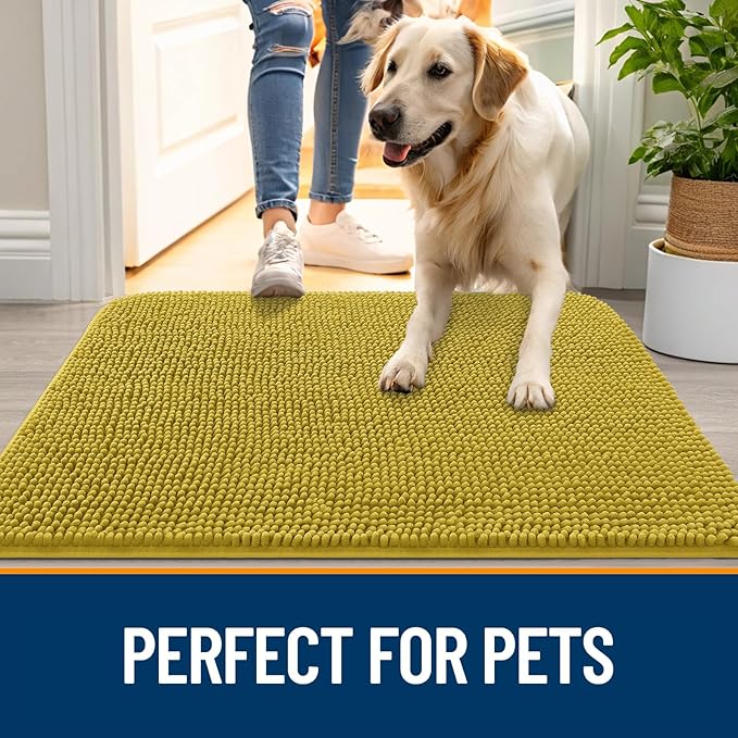 OLANLY Dog Door Mat for Muddy Paws 30x20, Absorbs Moisture and Dirt, Absorbent Non-Slip Washable Doormat, Quick Dry Chenille Mud Mat, Entry Indoor Entryway Carpet for Inside Floor, Mustard Yellow