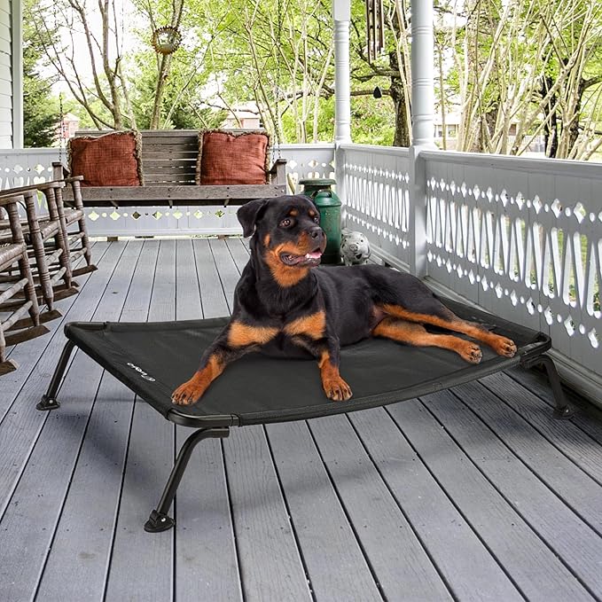 Veehoo Outdoor Elevated Dog Bed, Cooling Raised Dog Cot Bed XL, Portable Waterproof Curved Dogs Hammock Beds for Outside, up to 150lbs, Black Legs, Black 49"