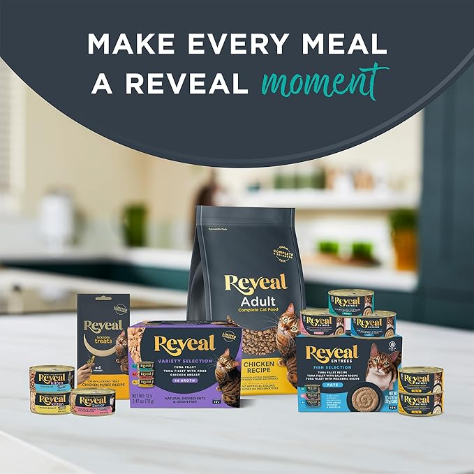 Reveal Natural Wet Canned Cat Food, Limited Ingredient, Grain Free, High Protein with No Artificial Additives, Fish Variety in Broth (20 x 2.47 oz Cans)