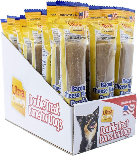 Ultra Chewy Double Treat Bones: Long-Lasting Dog Treats Made in USA for Large and Small Breeds, Highly Digestible, Ideal for Aggressive Chewers (Bacon & Cheese, 24 Count)