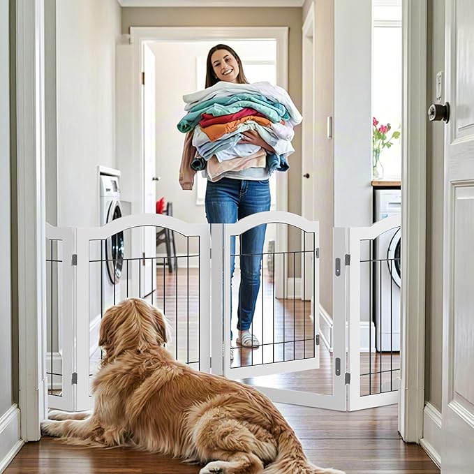 Vantas Folding No-Assembly Dog Door Pet Gate 96" Wide, 30" Tall Wooden Dog Gate with Door Walk Through, Freestanding Wire Pet Gate, Pet Puppy Safety Fence, with 2PCS Support – White
