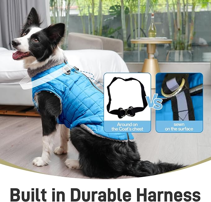 Warm Fleece Dog Coats with Durable Harness Buitl in D-Ring,Waterproof Doggie Jacket for Medium Dogs,Dog Vest for Cold Winter,Light Blue XL