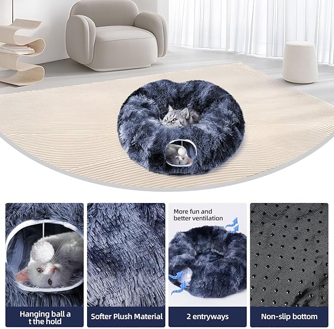 Odoland Cat Tunnel Bed with 20 Cat Toys - Indoor Plush Kitten Couch,Detachable Cats Cave Donut Tunnel & Soft Kitten Toy Set-Cozy Cat Furniture Blue