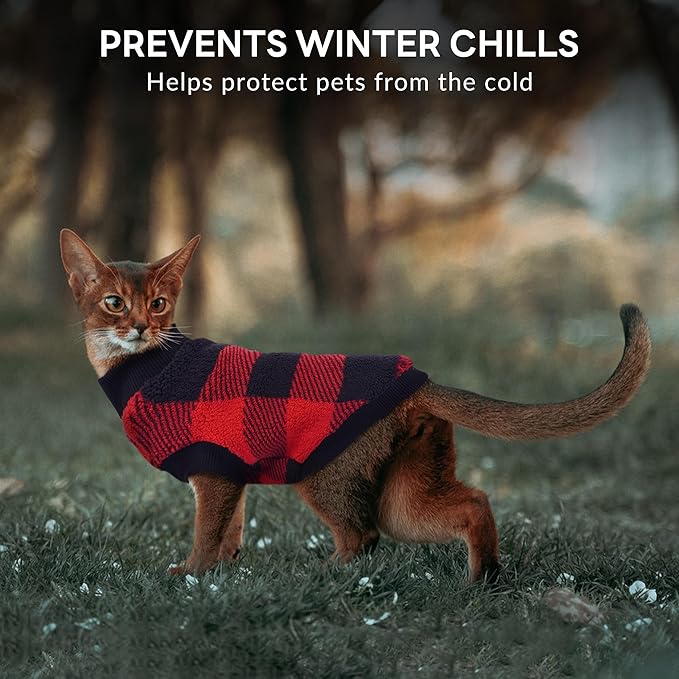 PUMYPOREITY Winter Warm Cat Sweater with Stretch Ribbed Collar & Cuffs, Snug & Secure Fit with Soft Plush Fleece, Easy-On Cat Sweatshirt for Indoor/Outdoor Use,Red, M