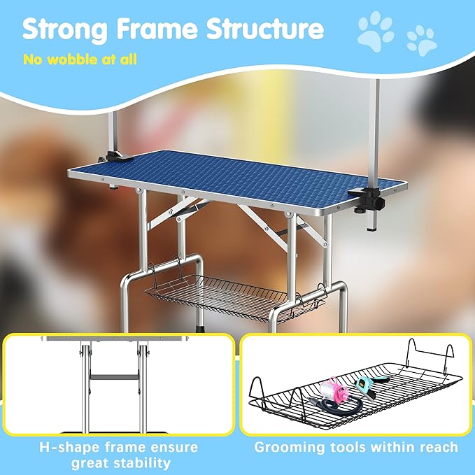 46''Large Dog Grooming Table, Adjustable Cat Drying Desktop with Arms, Nooses, Mesh Tray, Foldable Pet Station at Home, Maximum Capacity Up to 330Lb, 46inch, Blue