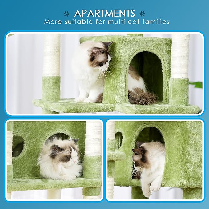 Hey-brother Cat Tree, 74 inches Multi-Level XL Large Cat Tower for Indoor Cats with Three Cat Condos, Two Large Top Decks and Cat Hairbrushfor Kittens, Cats and Pets, Green MPJ035-MGR