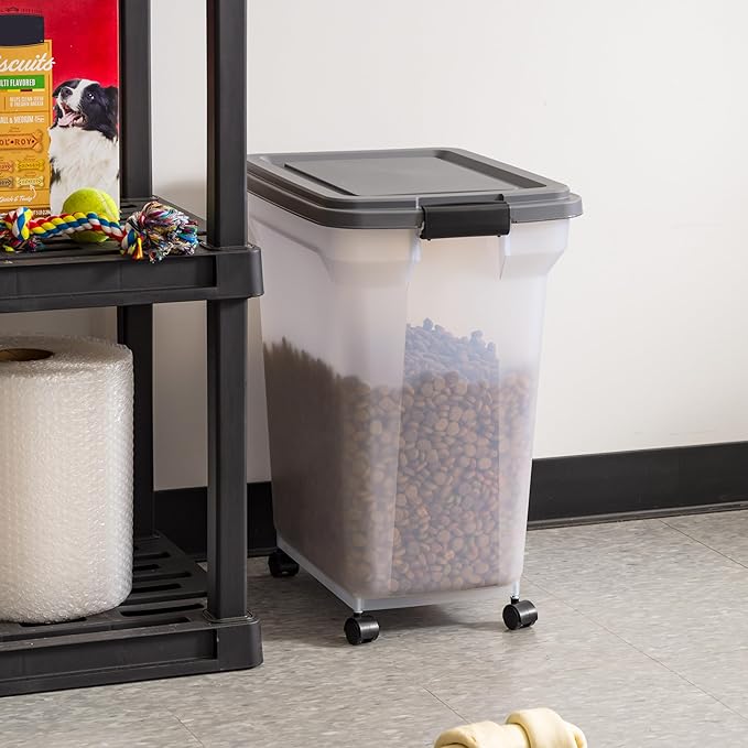 IRIS USA Dog Food Storage Container 40 lbs, Attachable Wheels, & Included Scoop, for Dog Cat Birds and other Pets, Food Storage Bin, Keep Fresh, Easy Mobility, BPA Free - Made in the USA, Dark Gray