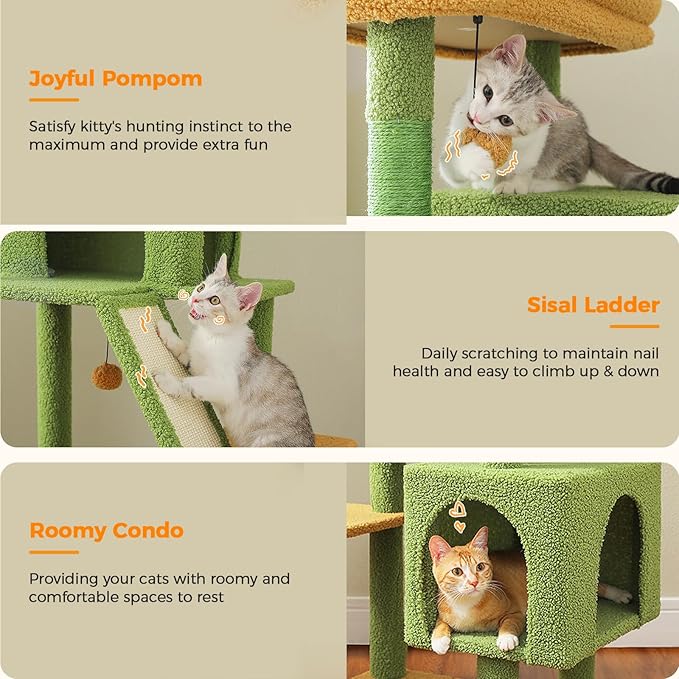 71 Inch Tall Cactus Cat Tree for Indoor Cats Large Adult, Multi-Level Cat Tower with Extra Large Hammock, 2 Cat Caves, Spacious Top Perch, Scratching Pad, Green