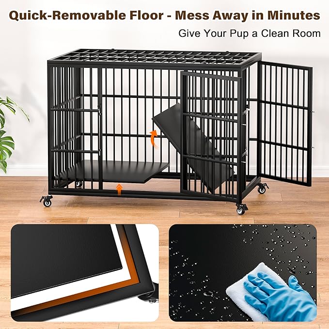 VERIFURTY 48 Inch Heavy Duty Dog Crate for Large Dogs with Self-Locking Latch, Escape-Proof Steel Kennel Indoor, XL Large Double Door Metal Pet Cage with Wheels