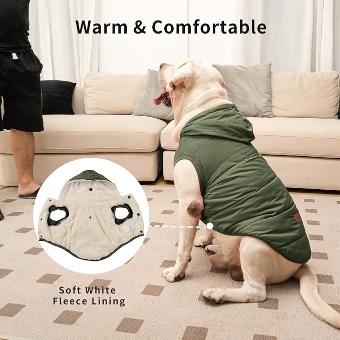 Fleece Lining Extra Warm Dog Hoodie in Winter for Large Dogs Jacket Pet Coats with Hooded Green XL