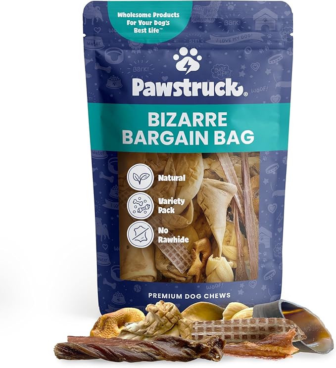 Pawstruck Bizarre Bargain Bag Assorted Natural Dog Chew Treats - Animal Ears, Jerky, Bones, Hooves, Beef Straps - Long Lasting Rawhide Alternative for Chewers, All Breeds - 1 lb, Packaging May Vary
